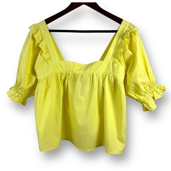 Sugarlips Women's Size M Square Neck Peasant Blouse Bright Yellow Puff Sleeve Ne - Picture 1 of 9